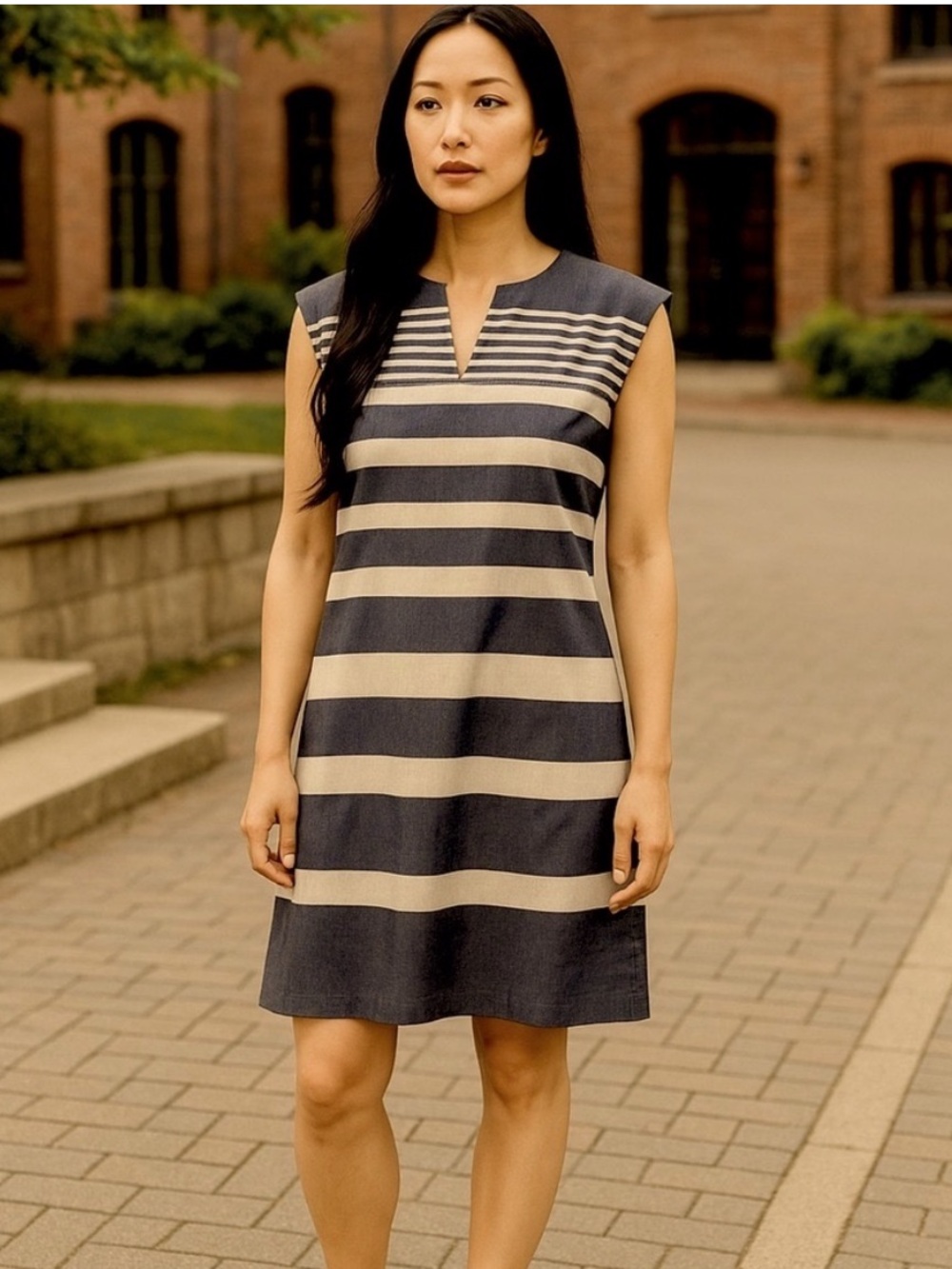 Tommy Hilfiger Gray and Cream Striped Notch-Neck Mini Dress